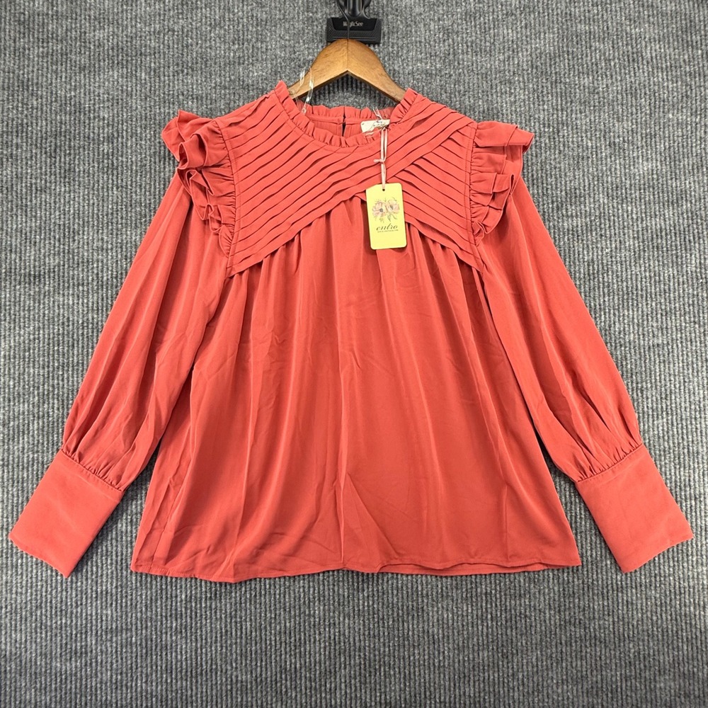 Entro Blouse Size M Orange NWT Pleated Ruffle Mock Neck Long Sleeve T19269